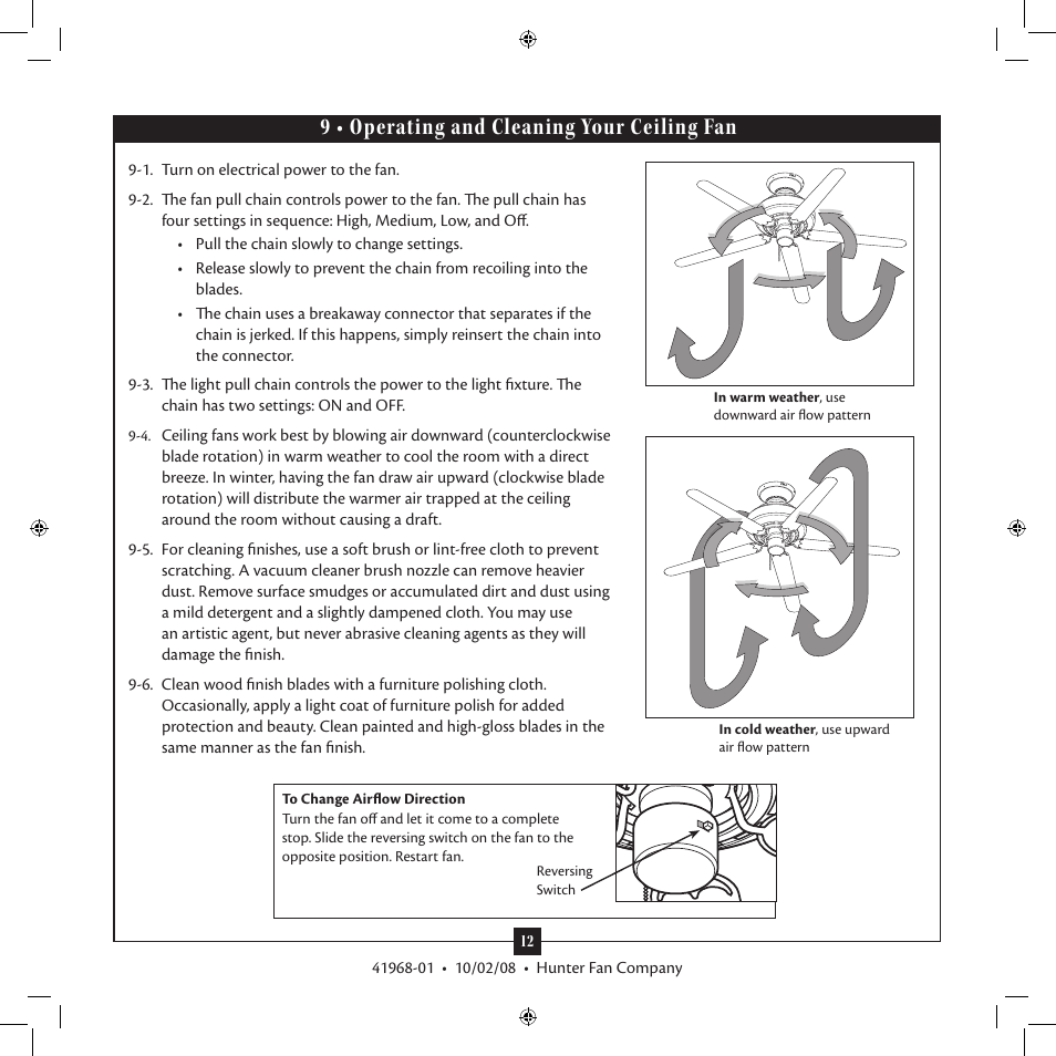 9 • operating and cleaning your ceiling fan | Hunter 22720 54 Cortland User Manual | Page 12 / 13