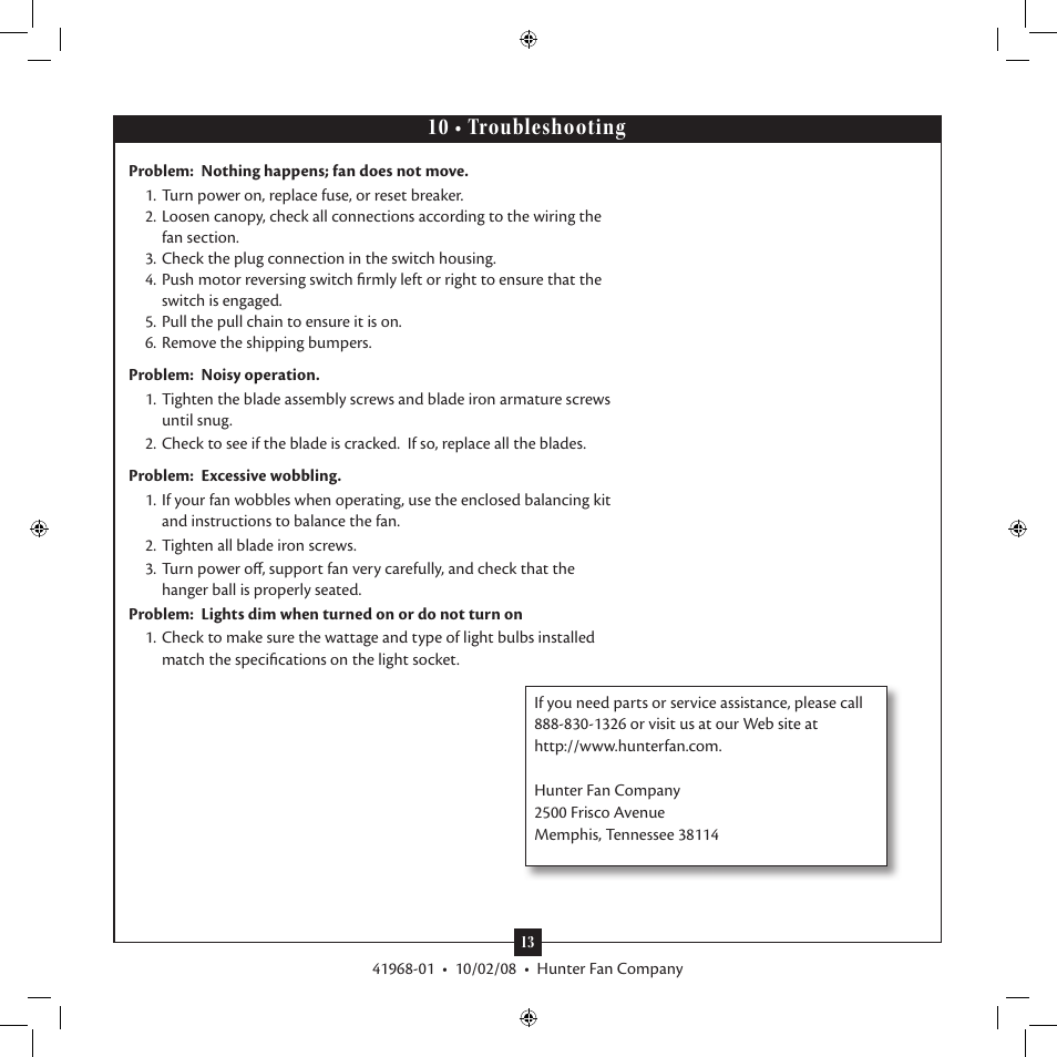 10 • troubleshooting | Hunter 22720 54 Cortland User Manual | Page 13 / 13