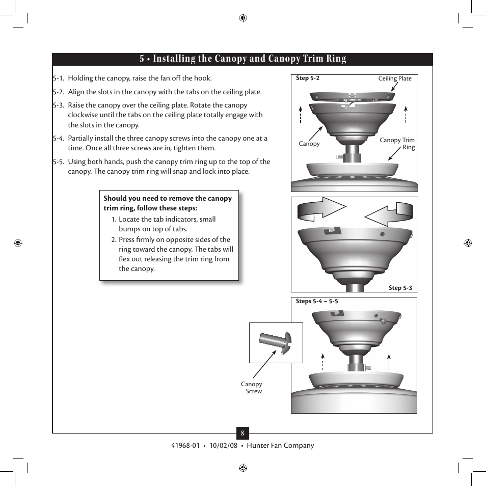 5 • installing the canopy and canopy trim ring | Hunter 22720 54 Cortland User Manual | Page 8 / 13