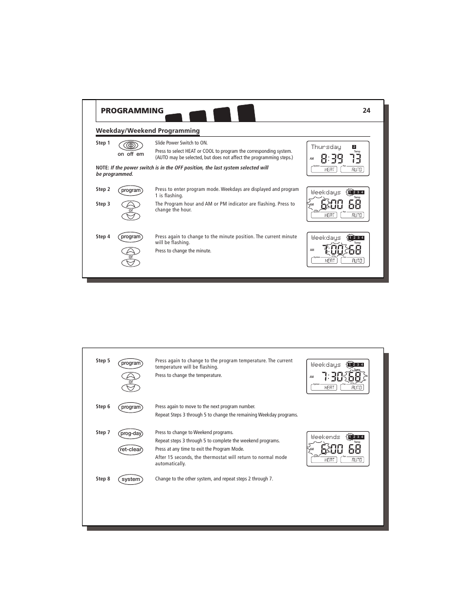 Programming, Thursday, Weekdays | Weekday/weekend programming, Weekends | Hunter Fan 44760 User Manual | Page 13 / 28