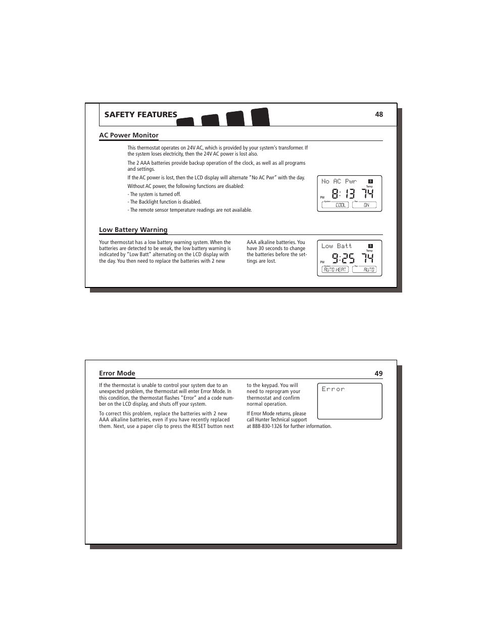 Safety features, No ac pwr, Low batt | Hunter Fan 44760 User Manual | Page 25 / 28