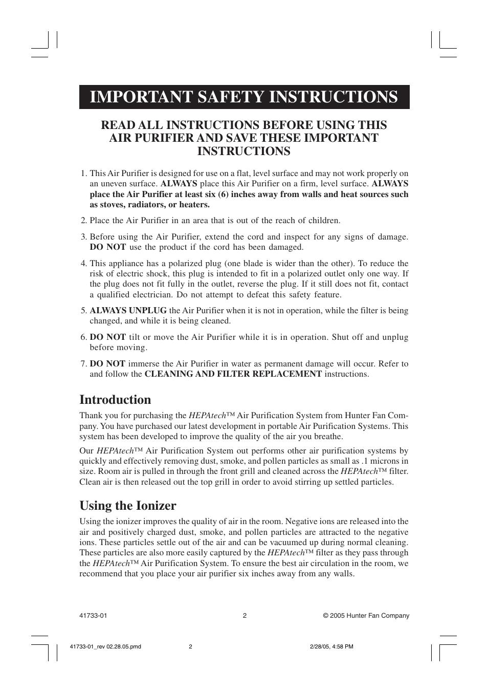 Important safety instructions, Introduction, Using the ionizer | Hunter Fan 30382 User Manual | Page 2 / 8