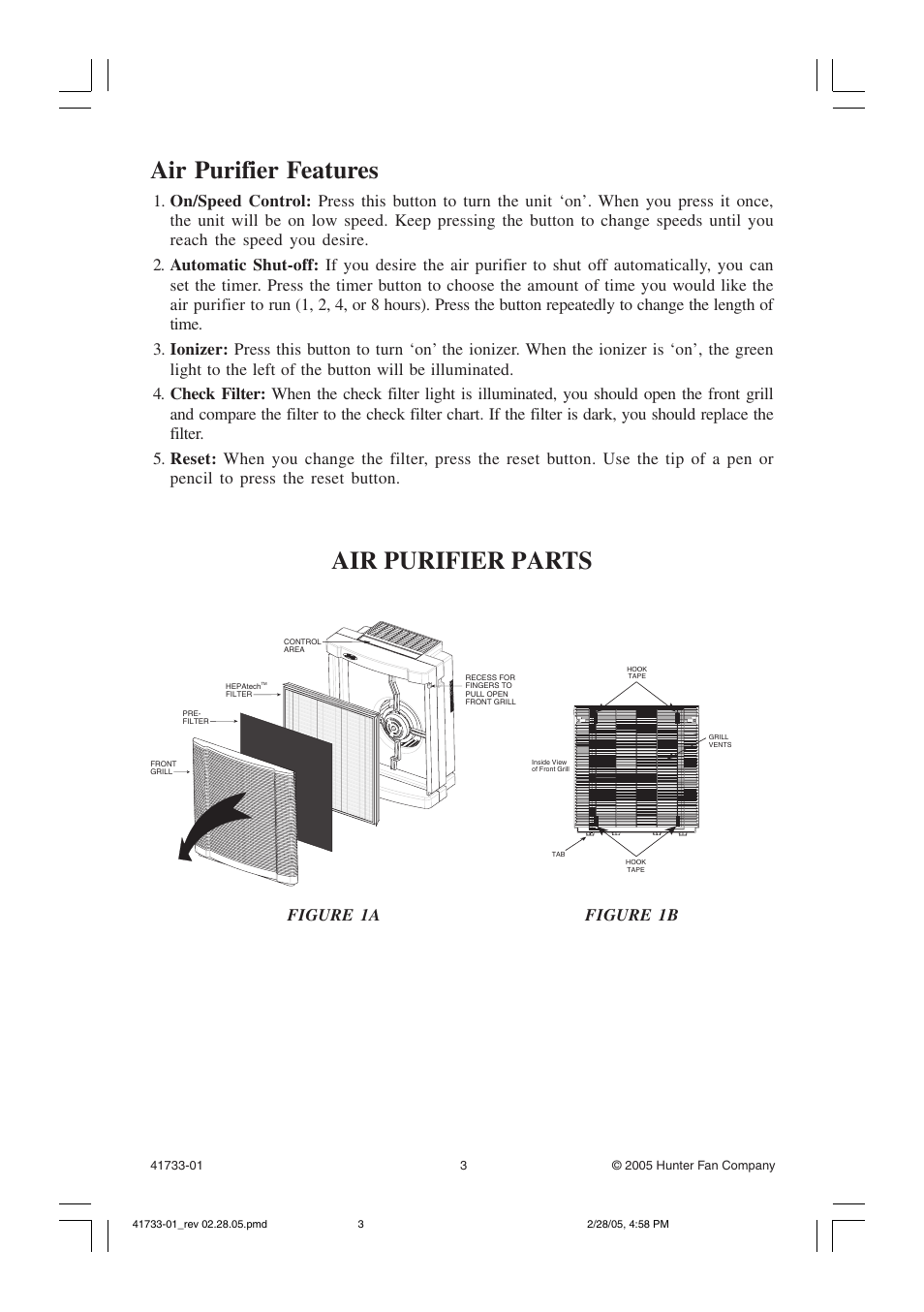 Air purifier features, Air purifier parts, Figure 1a | Figure 1b | Hunter Fan 30382 User Manual | Page 3 / 8