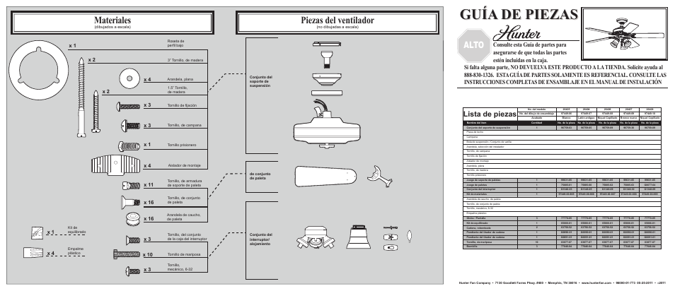 Guía de piezas, Piezas del ventilador, Materiales | Parada, Alto, Lista de piezas, X 4 x 10 | Hunter Fan 26405 User Manual | Page 2 / 2