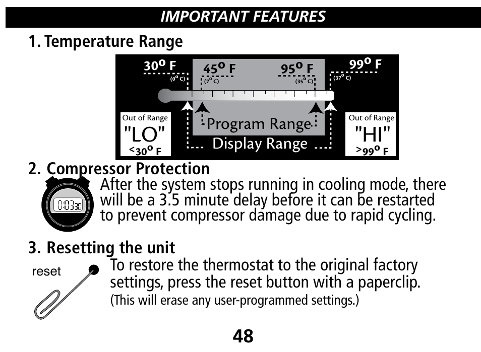 Display range, Program range, Important features | Hunter Fan 44110 User Manual | Page 48 / 52