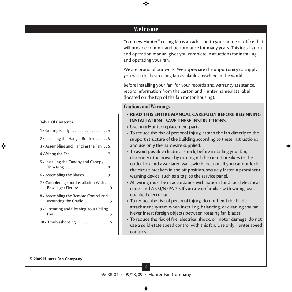 Welcome, Cautions and warnings | Hunter Fan 3 User Manual | Page 2 / 16