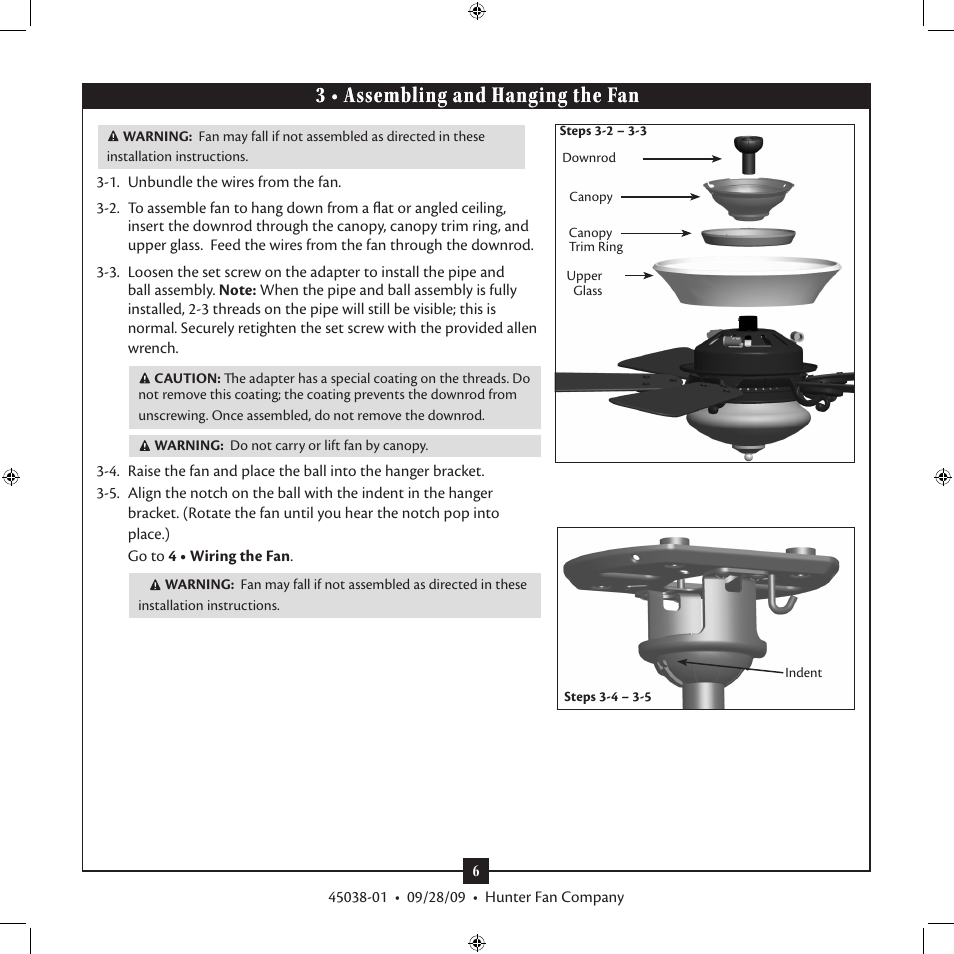 3 • assembling and hanging the fan | Hunter Fan 3 User Manual | Page 6 / 16