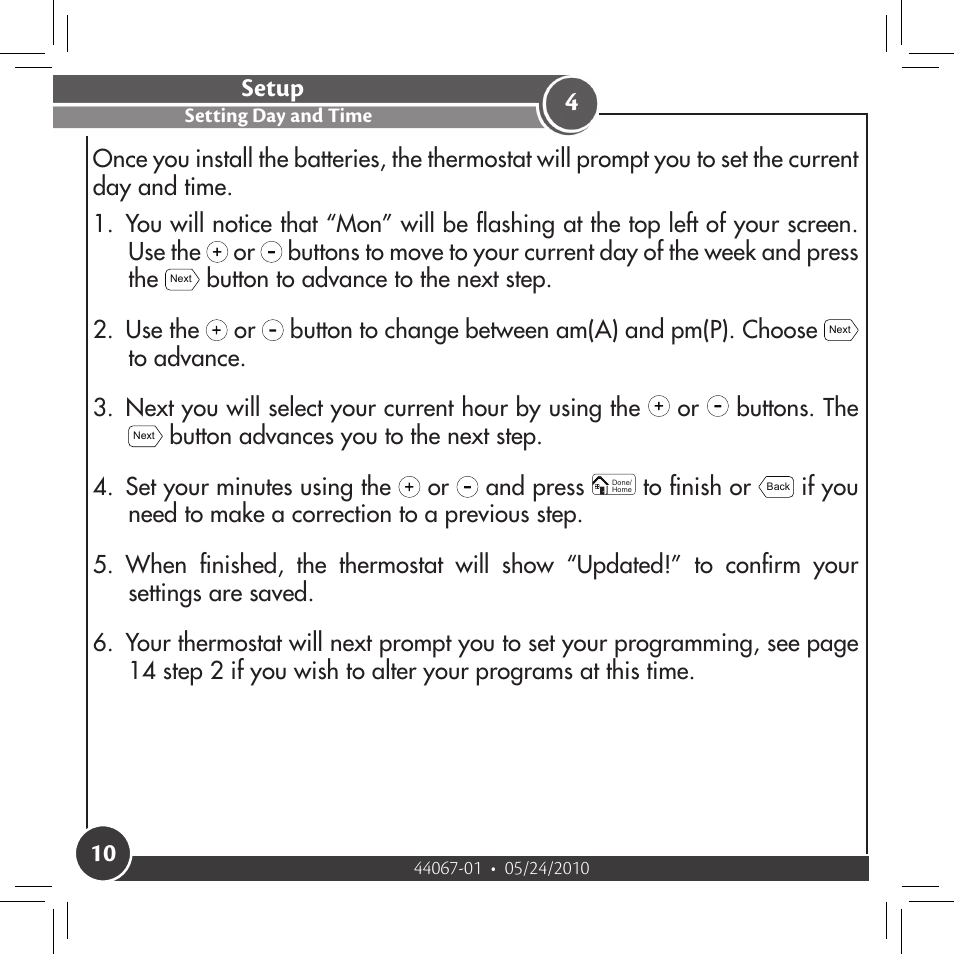 Setup, Setting day and time | Hunter Fan 44127 User Manual | Page 10 / 37
