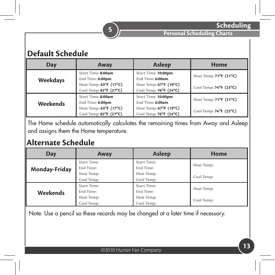 Default schedule, Alternate schedule, Scheduling | Day away asleep home weekdays, Weekends, Day away asleep home monday-friday, Personal scheduling charts, 2010 hunter fan company | Hunter Fan 44127 User Manual | Page 13 / 37