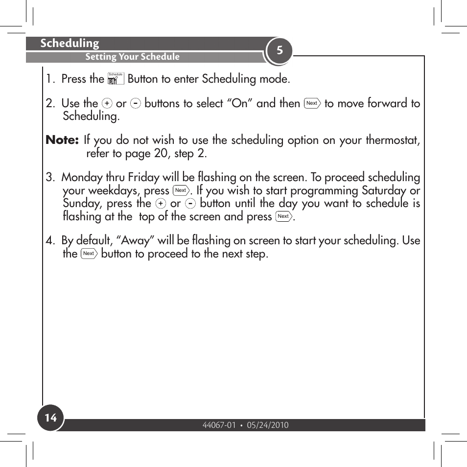 Setting your schedule, Scheduling | Hunter Fan 44127 User Manual | Page 14 / 37