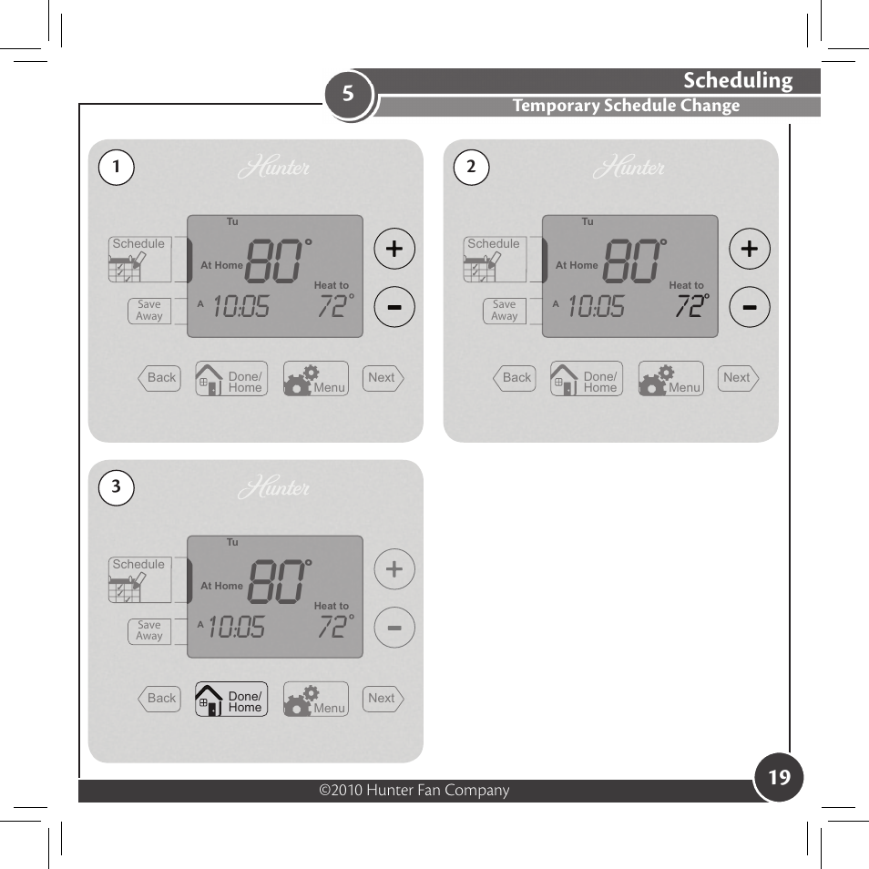 Scheduling, Temporary schedule change | Hunter Fan 44127 User Manual | Page 19 / 37