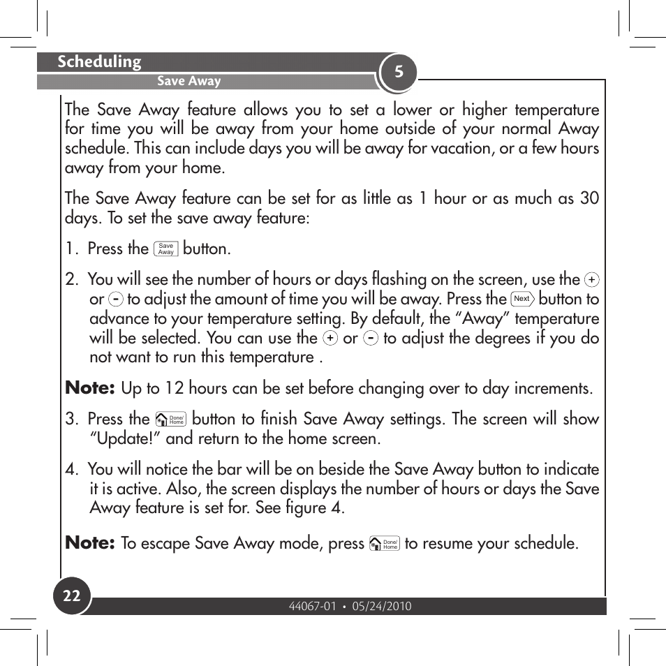 Save away, Scheduling | Hunter Fan 44127 User Manual | Page 22 / 37
