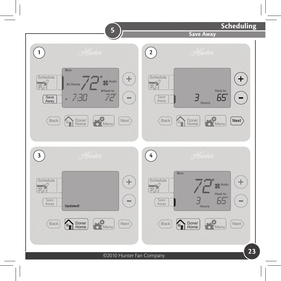Scheduling, Save away, 2010 hunter fan company | Hunter Fan 44127 User Manual | Page 23 / 37