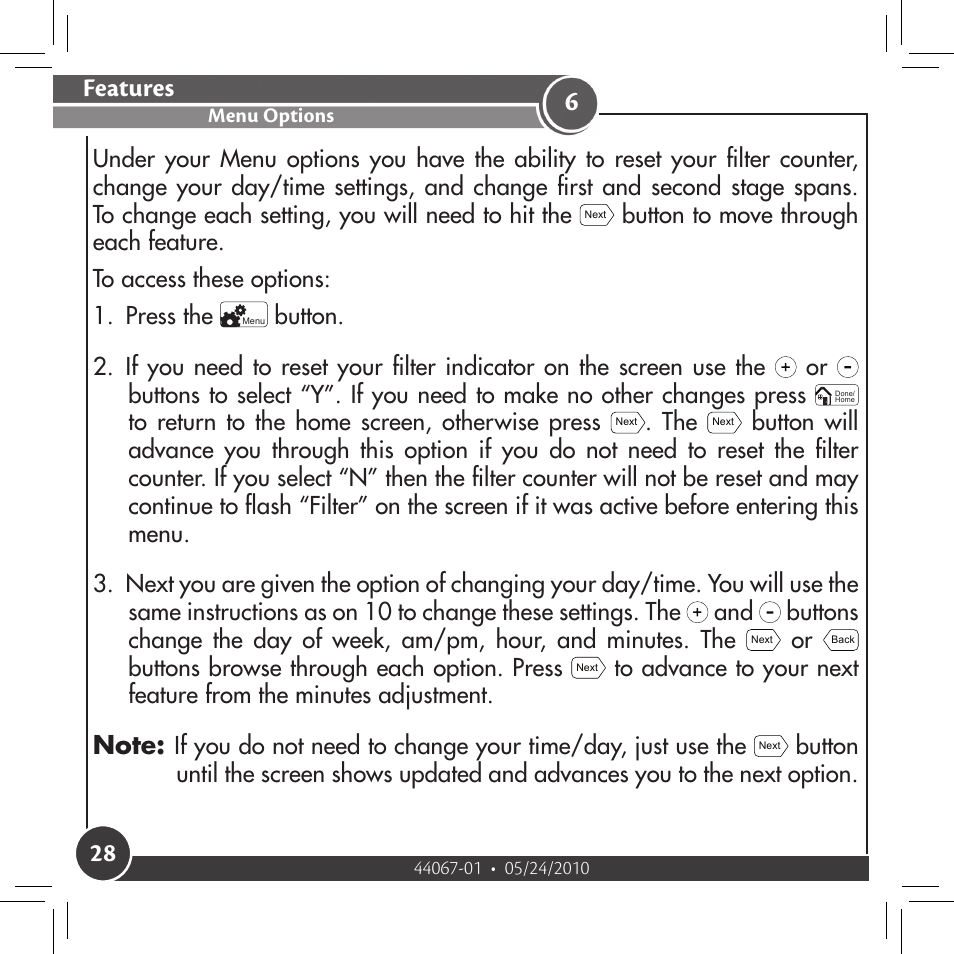 Menu options, Features | Hunter Fan 44127 User Manual | Page 28 / 37