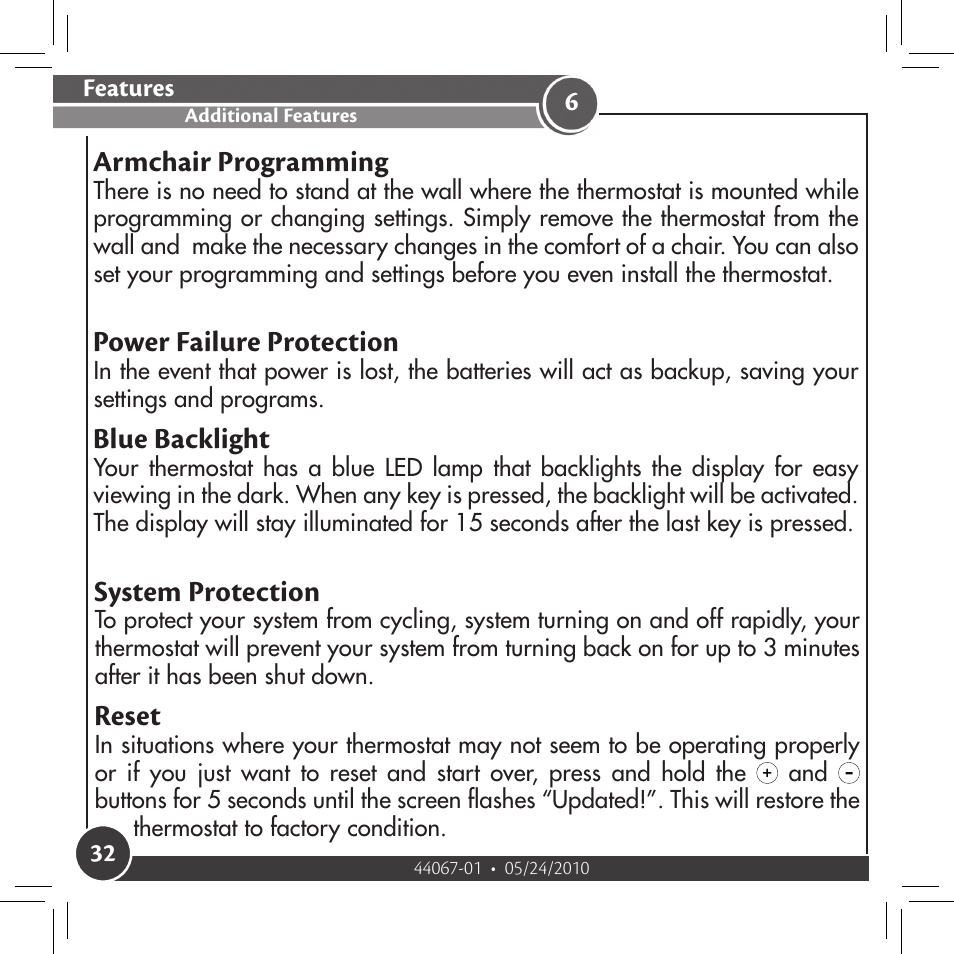 Additional features, Armchair programming, Blue backlight | Power failure protection, System protection, Reset | Hunter Fan 44127 User Manual | Page 32 / 37