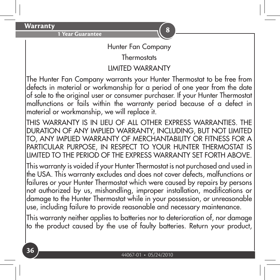 Warranty, 1 year guarantee | Hunter Fan 44127 User Manual | Page 36 / 37