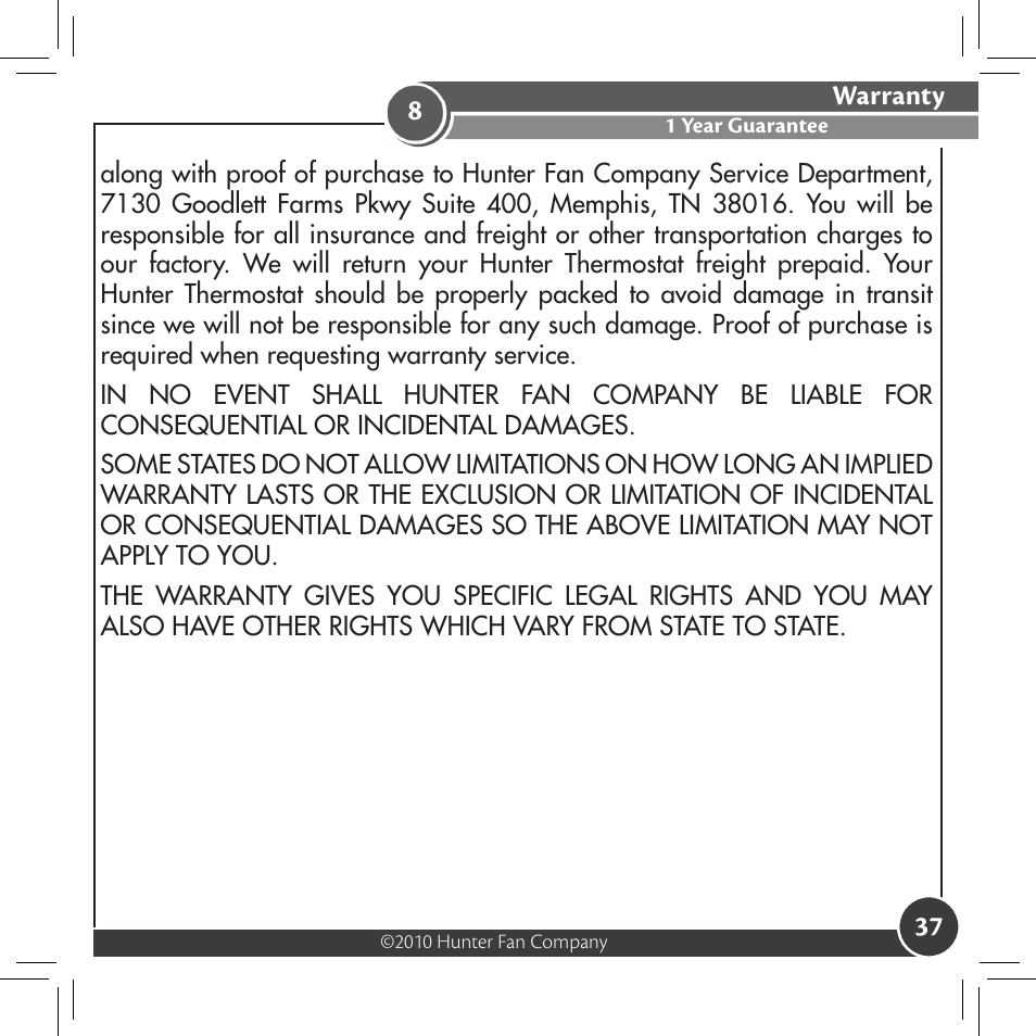 Hunter Fan 44127 User Manual | Page 37 / 37