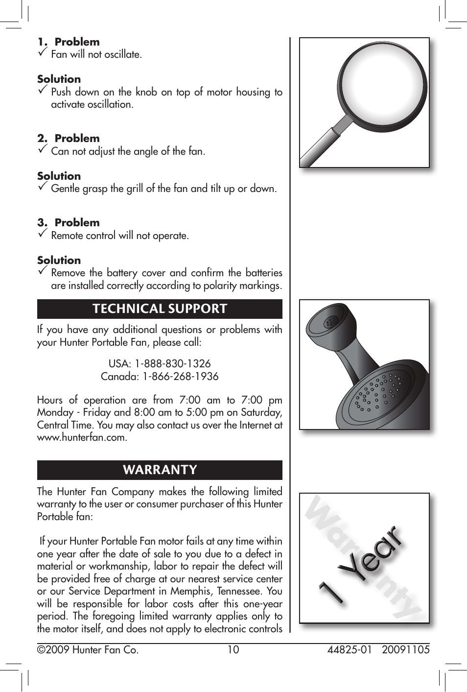 Technical support, Warranty | Hunter Fan 20091105 User Manual | Page 10 / 12