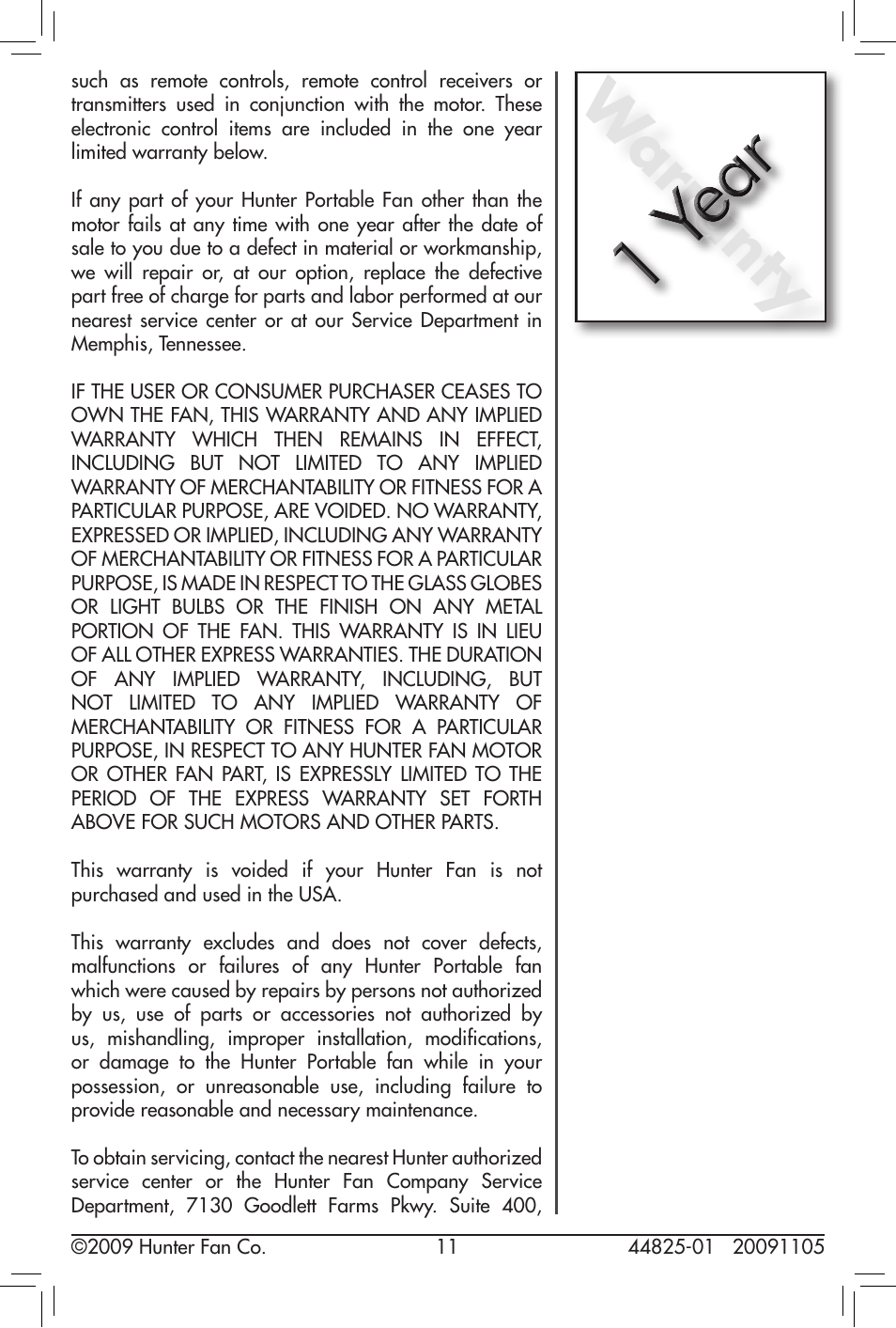 Warranty | Hunter Fan 20091105 User Manual | Page 11 / 12