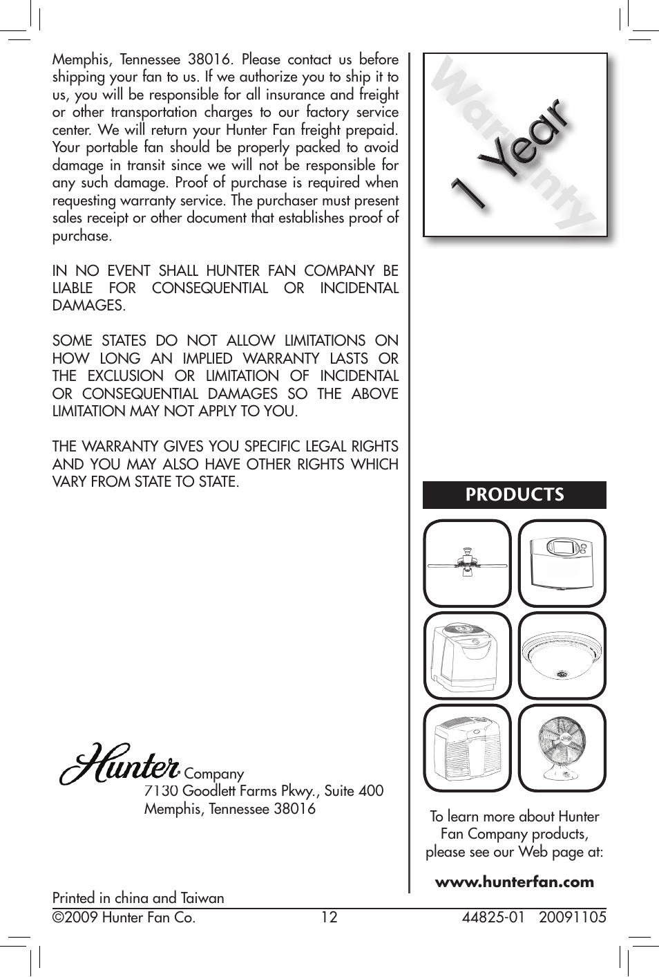 Products, Warranty | Hunter Fan 20091105 User Manual | Page 12 / 12