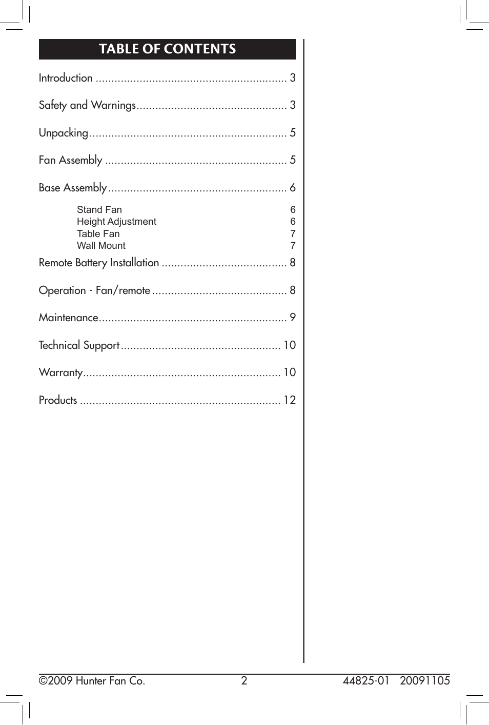 Hunter Fan 20091105 User Manual | Page 2 / 12
