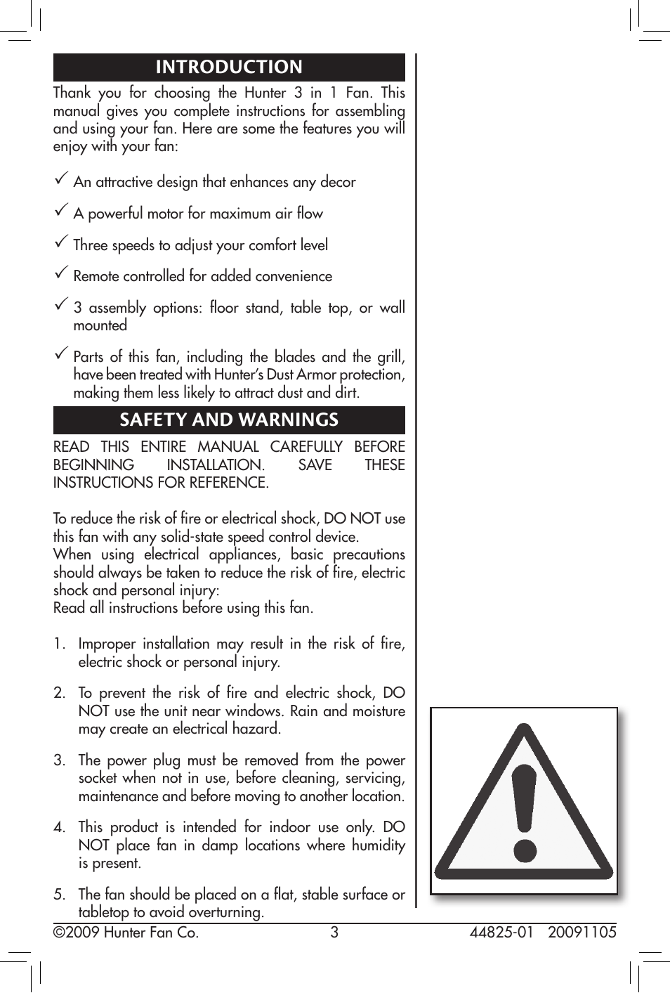 Introduction, Safety and warnings | Hunter Fan 20091105 User Manual | Page 3 / 12