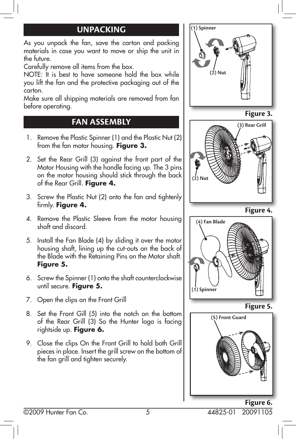 Unpacking, Fan assembly, Figure 3. figure 4. figure 5 | Figure 6 | Hunter Fan 20091105 User Manual | Page 5 / 12