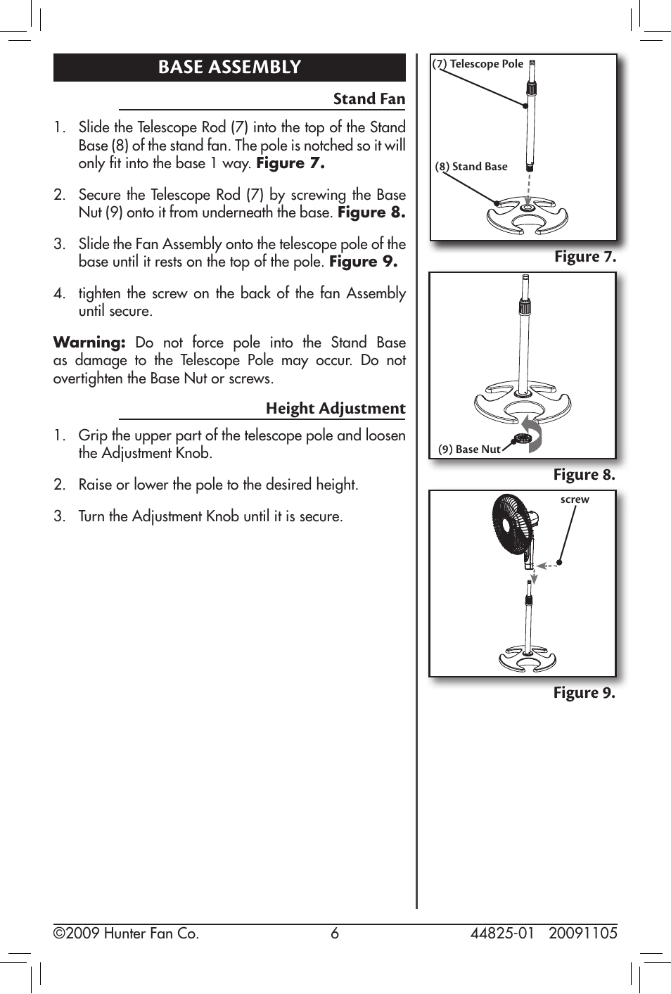 Base assembly, Stand fan, Height adjustment | Hunter Fan 20091105 User Manual | Page 6 / 12