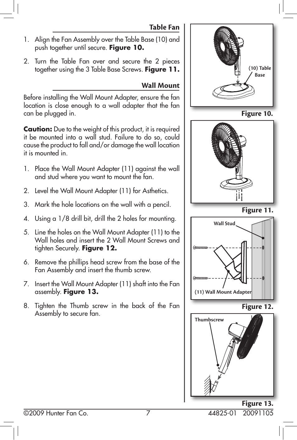 Table fan, Wall mount, Table fan figure 10. figure 11 | Figure 12. figure 13. wall mount | Hunter Fan 20091105 User Manual | Page 7 / 12