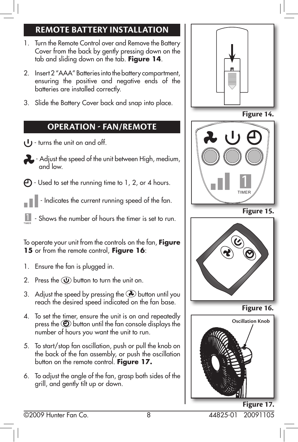 Remote battery installation, Operation - fan/remote | Hunter Fan 20091105 User Manual | Page 8 / 12