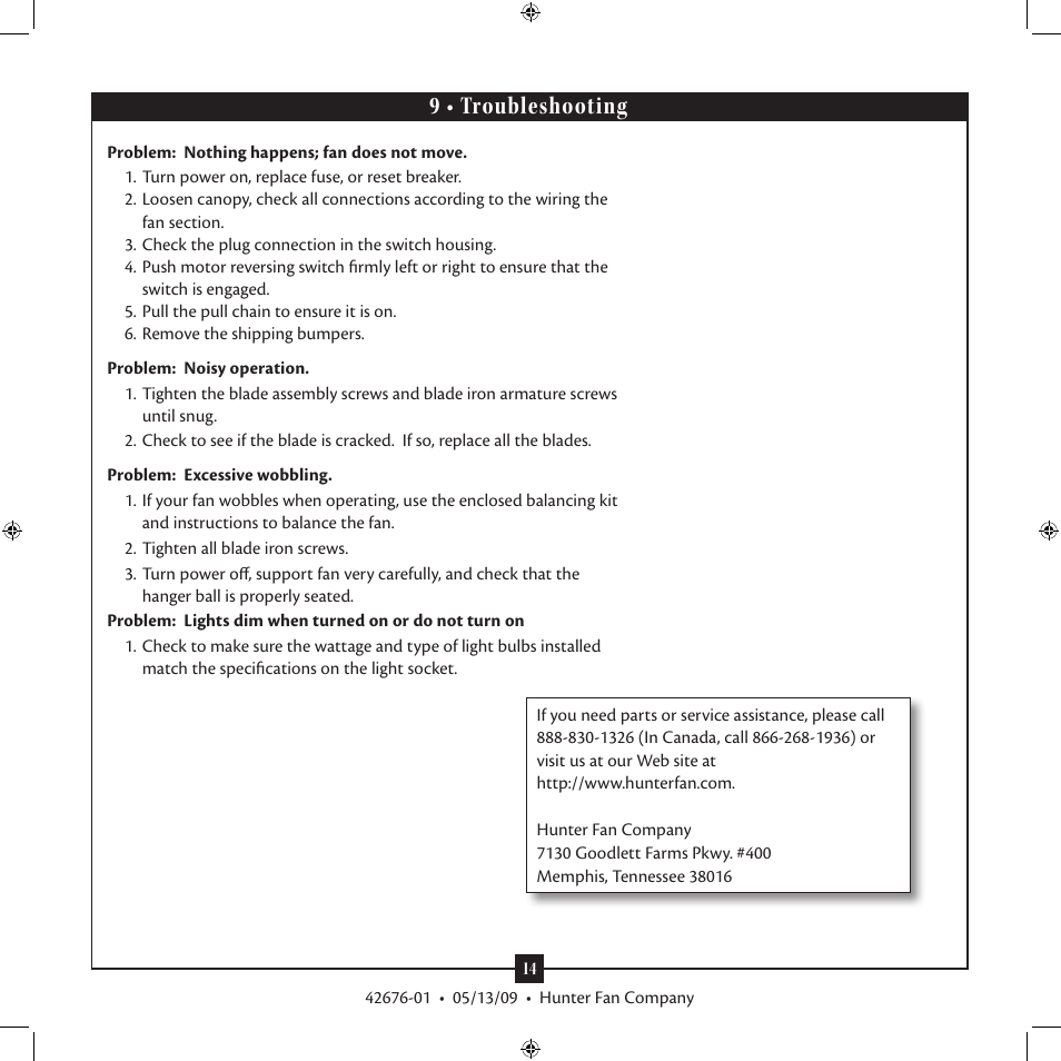 9 • troubleshooting | Hunter Fan Type 2 42676-01 User Manual | Page 14 / 14