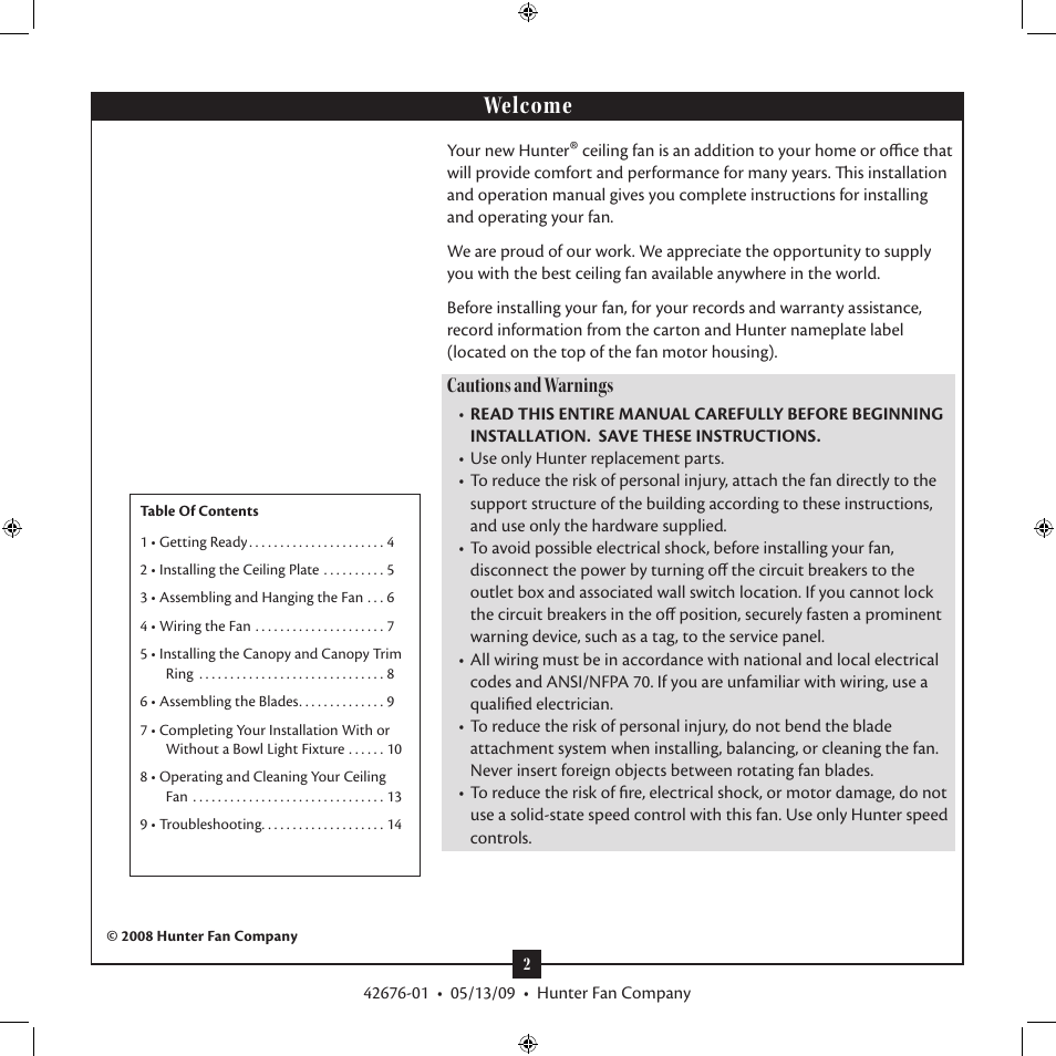 Welcome, Cautions and warnings | Hunter Fan Type 2 42676-01 User Manual | Page 2 / 14