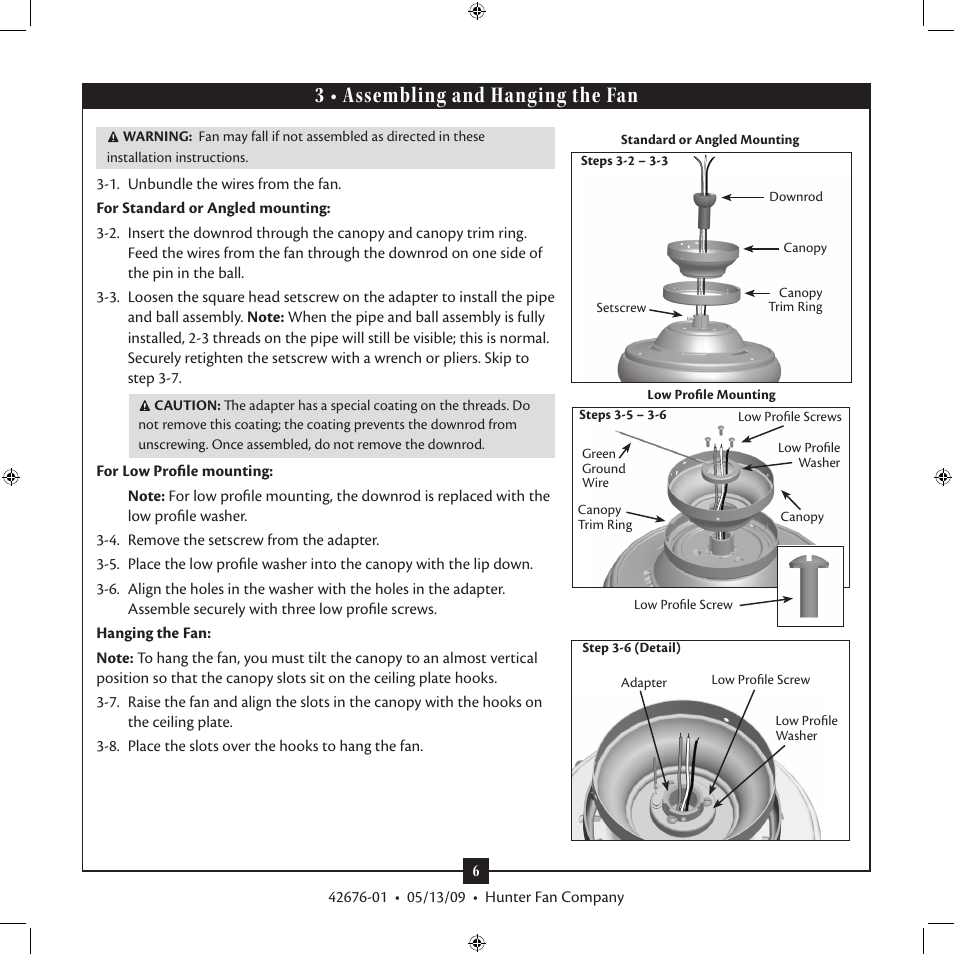 3 • assembling and hanging the fan | Hunter Fan Type 2 42676-01 User Manual | Page 6 / 14