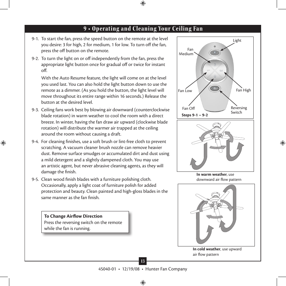 9 • operating and cleaning your ceiling fan | Hunter Fan Remote Control Ceiling Fan Type User Manual | Page 13 / 14