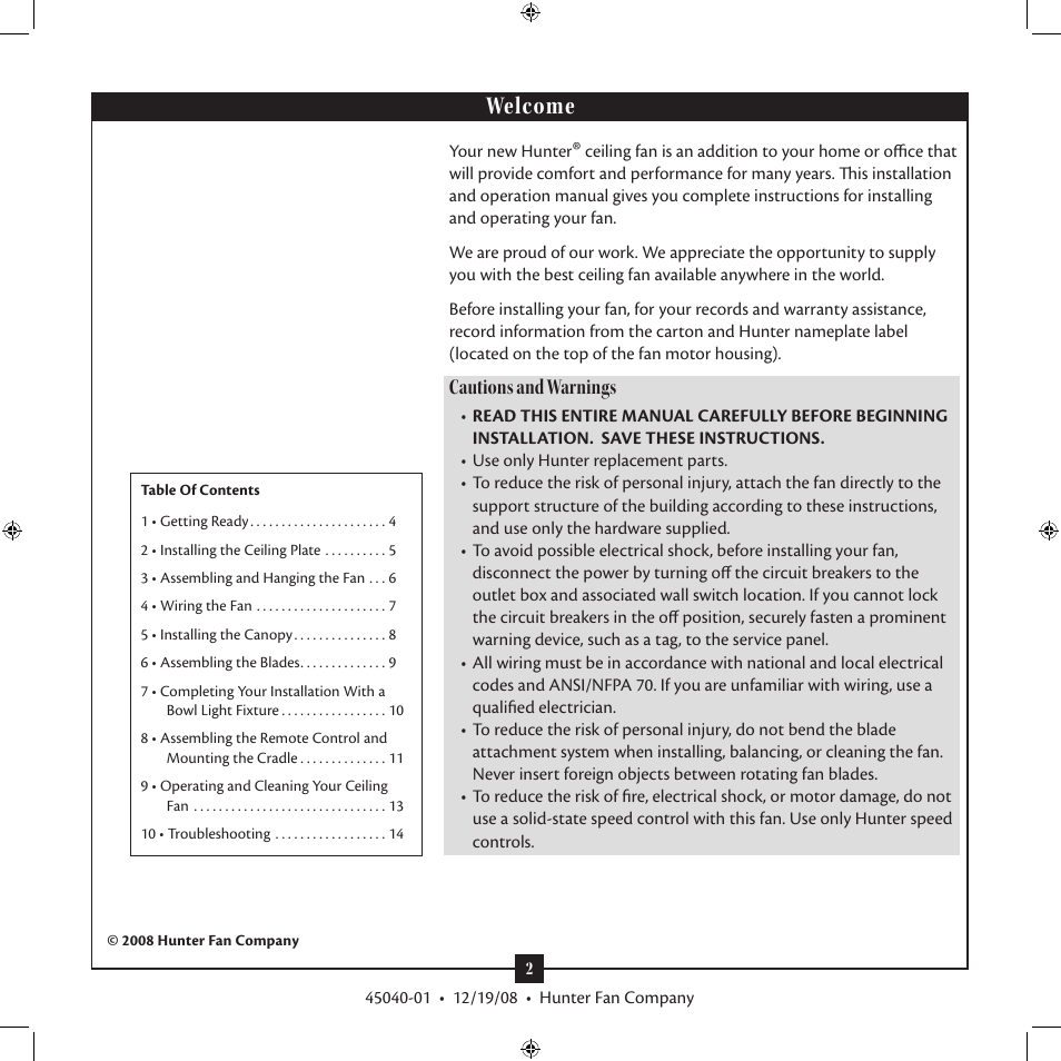 Welcome, Cautions and warnings | Hunter Fan Remote Control Ceiling Fan Type User Manual | Page 2 / 14