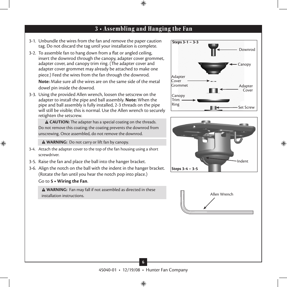 3 • assembling and hanging the fan | Hunter Fan Remote Control Ceiling Fan Type User Manual | Page 6 / 14