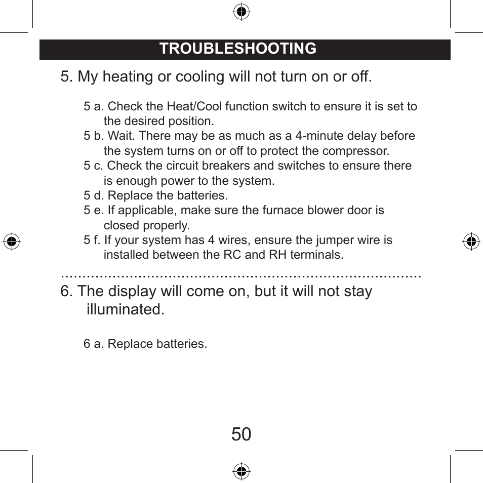 My heating or cooling will not turn on or off, Troubleshooting | Hunter Fan 44260 User Manual | Page 50 / 104