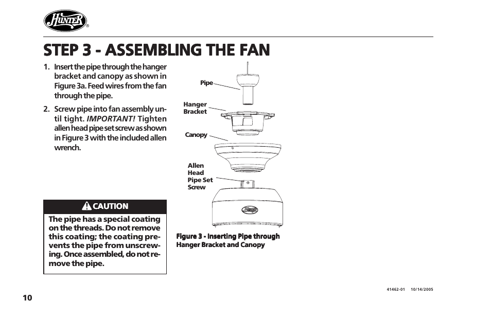 Step 3 - assembling the fan | Hunter Fan Hunter Ceiling Fans 41462-01 User Manual | Page 10 / 26