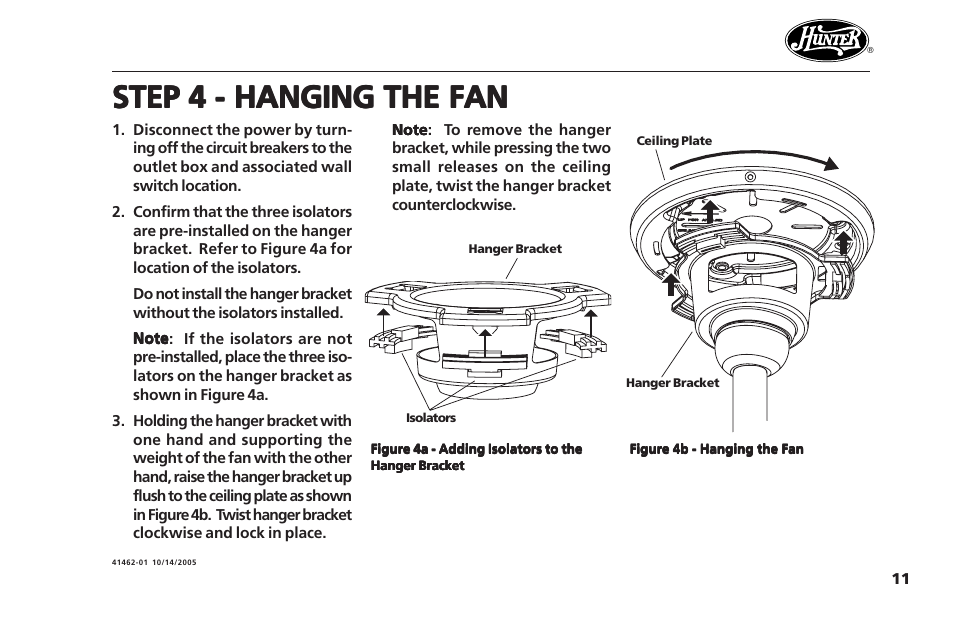 Step 4 - hanging the fan | Hunter Fan Hunter Ceiling Fans 41462-01 User Manual | Page 11 / 26