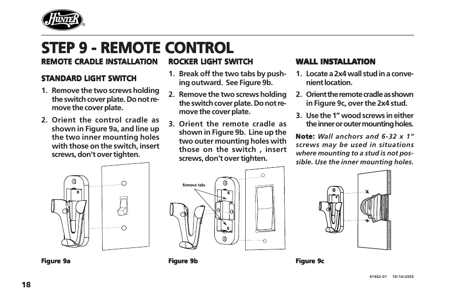 Step 9 - remote control | Hunter Fan Hunter Ceiling Fans 41462-01 User Manual | Page 18 / 26