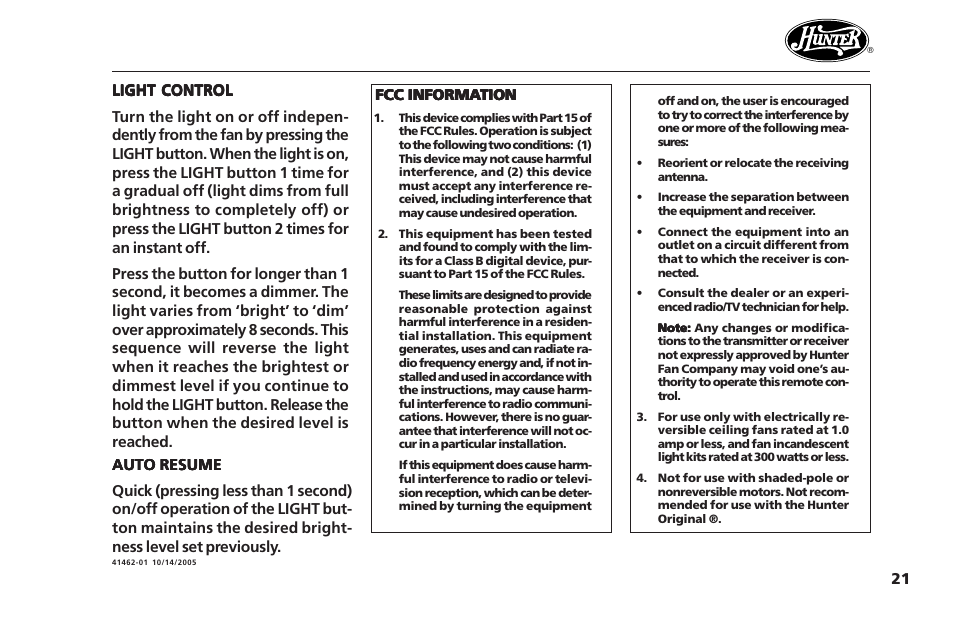 Hunter Fan Hunter Ceiling Fans 41462-01 User Manual | Page 21 / 26