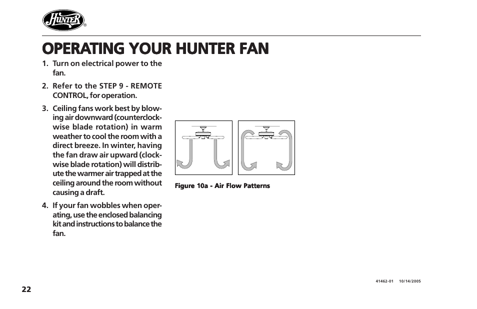 Operating your hunter fan, Opera | Hunter Fan Hunter Ceiling Fans 41462-01 User Manual | Page 22 / 26