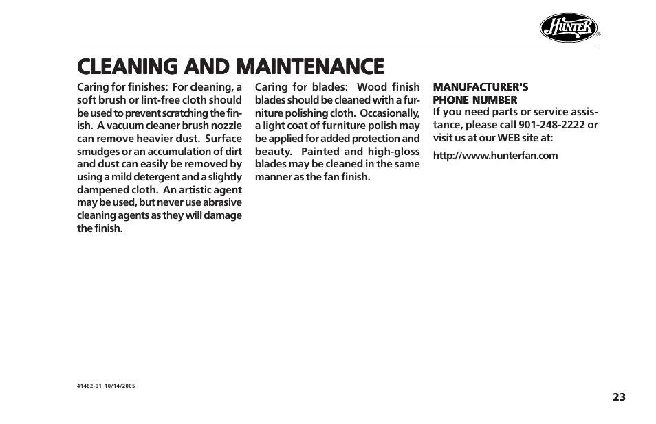 Cleaning and maintenance | Hunter Fan Hunter Ceiling Fans 41462-01 User Manual | Page 23 / 26