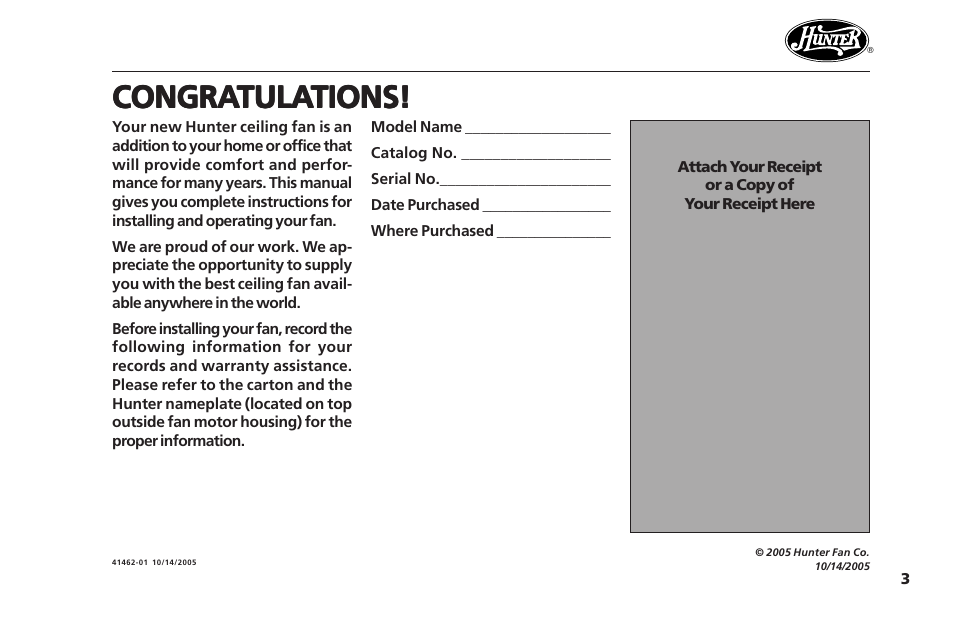 Congra | Hunter Fan Hunter Ceiling Fans 41462-01 User Manual | Page 3 / 26