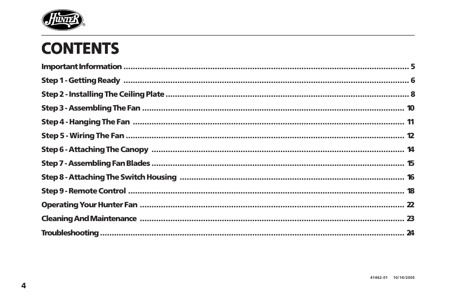 Hunter Fan Hunter Ceiling Fans 41462-01 User Manual | Page 4 / 26