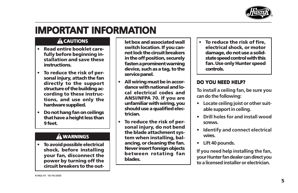 Important information, Impor | Hunter Fan Hunter Ceiling Fans 41462-01 User Manual | Page 5 / 26