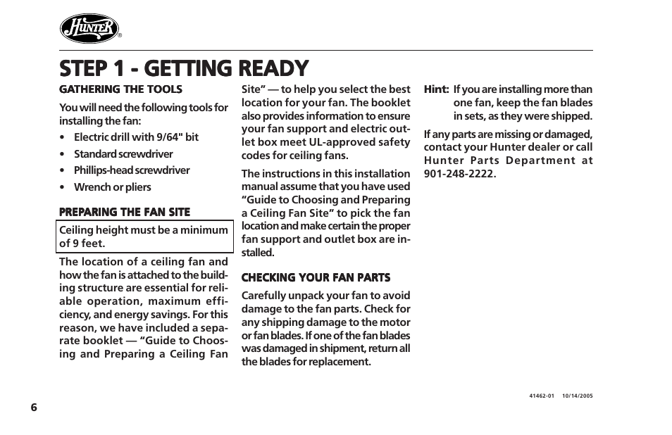 Step 1 - getting ready | Hunter Fan Hunter Ceiling Fans 41462-01 User Manual | Page 6 / 26