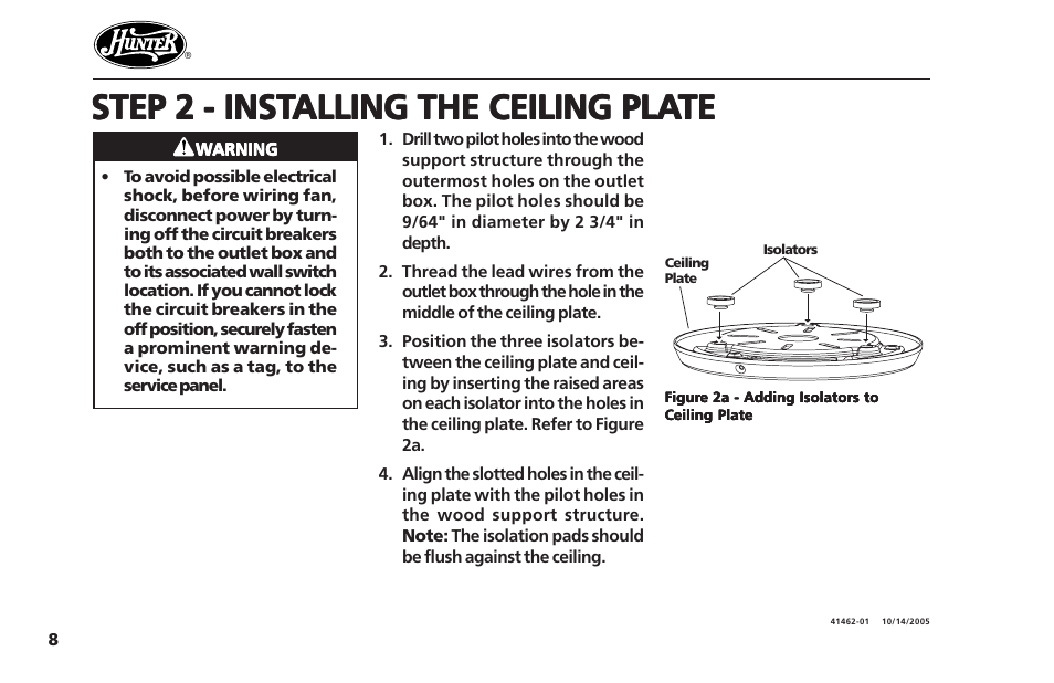 Step 2 - installing the ceiling plate, Step 2 - inst | Hunter Fan Hunter Ceiling Fans 41462-01 User Manual | Page 8 / 26