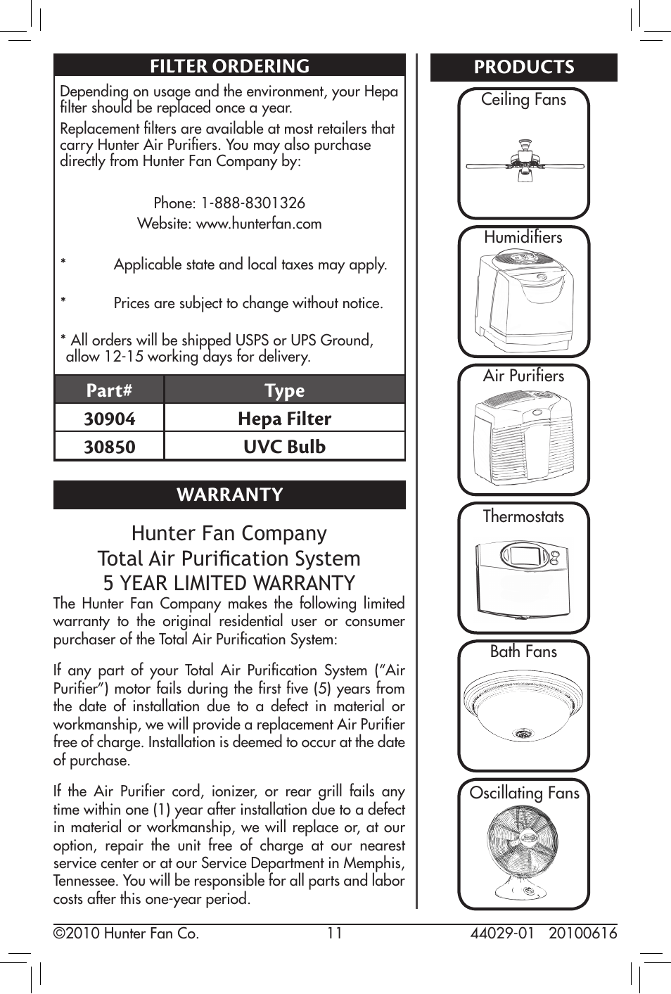 Filter ordering, Warranty, Products | Warranty products | Hunter Fan 30836 User Manual | Page 11 / 14