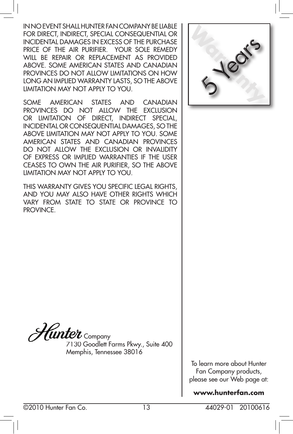 Warranty | Hunter Fan 30836 User Manual | Page 13 / 14